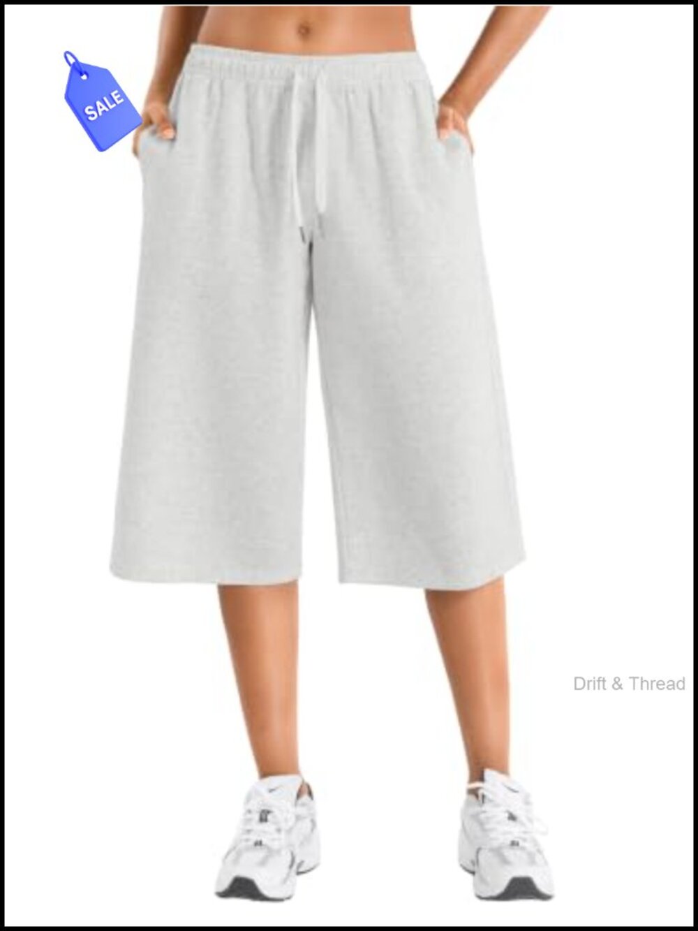 Women Capri Sweatpants Low Rise Wide Leg with Pockets Cotton Polyester